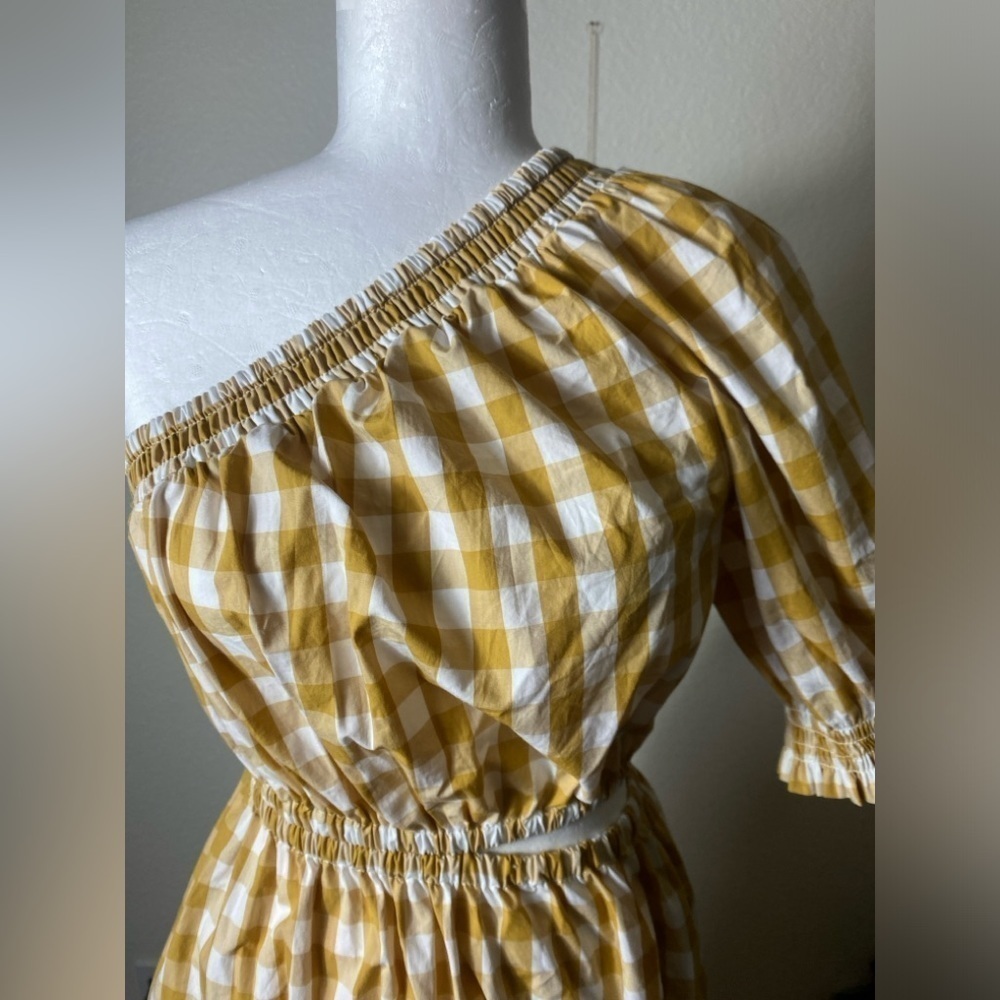 Who What Wear Cotton One Shoulder Cut Out Mustard Yellow Gingham Dress — image 3 of 8